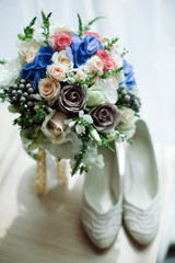 Wedding.Decor. Artwork.Bride's bouquet with blue,white,and grey