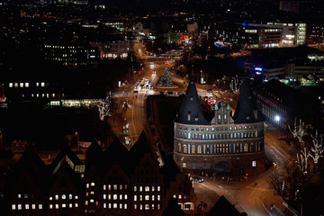 Aerial view of Lübeck by night
