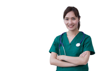 Friendly smiling young female doctor who wear white gown with stethoscope on white background