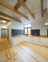 Kitchen interior in wooden style. Modern wooden interior design.