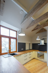 Kitchen interior in wooden style. Modern wooden interior design.