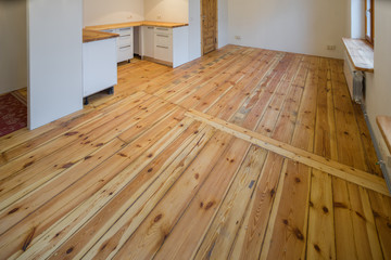 Wooden floors in the house. Modern wooden interior design.