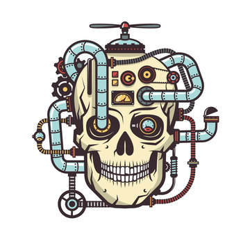 Steampunk Skull with built industrial elements - pipe, parts, cables, mechanisms, devices, aggregates. Vector illustration.