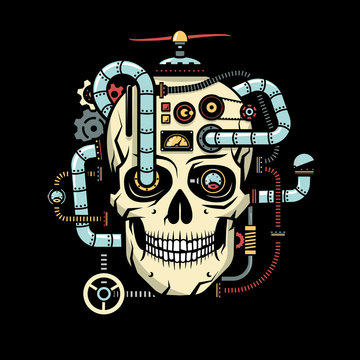 Skull with implanted steampunk elements - pipes, cables, devices, sensors, mechanisms. Vector illustration on a black background.