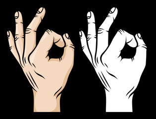Approves gesture, ok, great on a black background. Colour and Black and white version. Vector illustration.