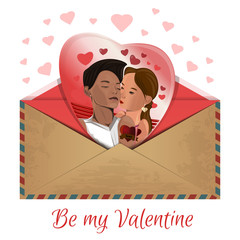 Photo with kissing couple in the envelope. Be my Valentine. Romantic design. Vector illustration
