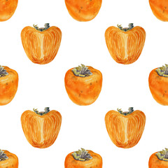 Orange Persimmon fruit watercolor seamless pattern white background
