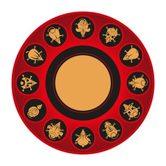Round chinese calendar animals. Rat snake dragon pig rooster rabbit horse monkey dog tiger ox bull mouse, vector illustration. black and gold on a red background.