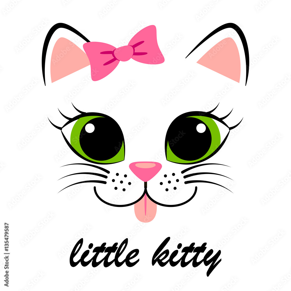 Wall mural Cute white kitten with pink bow. Girlish print with kitty for t-shirt