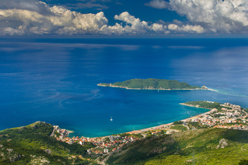Panoramic landscape of Budva riviera in Montenegro. Balkans, Adriatic sea, Europe. View from the...