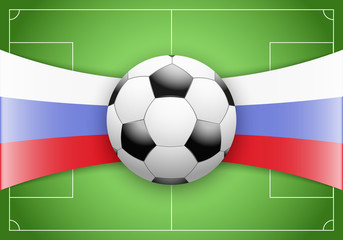 Flag of Russia and football ball on soccer field. Vector Illustration isolated on white background.