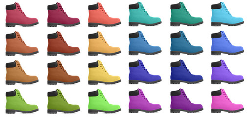 Set of multicolored boots. Side view