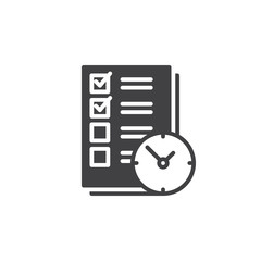 To do list with clock icon vector, filled flat sign, solid pictogram isolated on white. Time management symbol, logo illustration