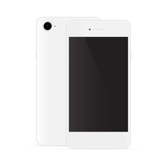 Realistic white phones with black screen, front and back view, i