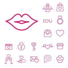 lips kiss mouth sign line icons set