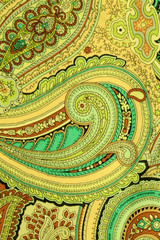 colorful vintage fabric with blue and beige paisley print