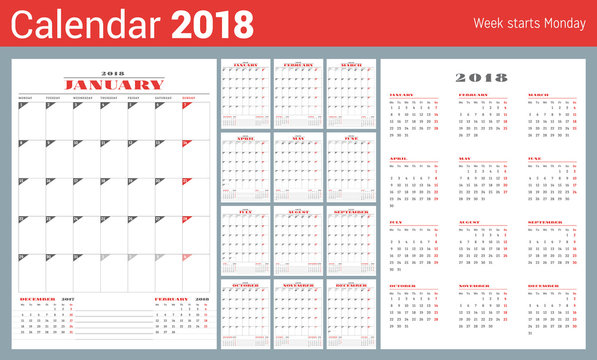 Calendar Template for 2018 Year. Set of 12 Months. Business Planner Template. Stationery Design. Week starts Monday. 3 Months on the Page. Vector Illustration