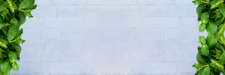 Wide white brick wall background with mint leaves - concept of freshness and cooking. Wide panoramic.