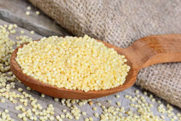 Millet seeds in a spoon and jute canvas on table