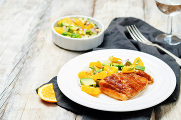 Honey soy baked cod with avocado orange salsa