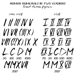 Set of roman numerals in hand drawn technique and grunge style isolated on white. Serif and sans serif variants. Vector illustration