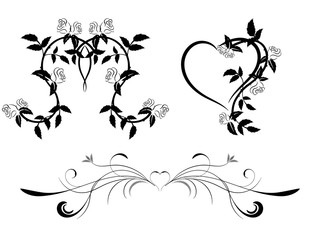 Set of black and white floral ornament with hearts