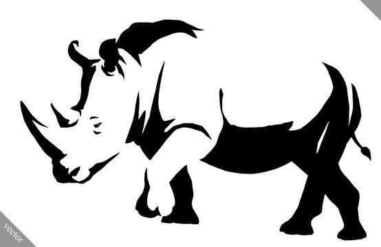 black and white linear paint draw rhino vector illustration