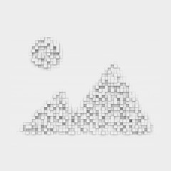 Fototapeta premium Rendering white mountains and sun icon made up of many square uneven blocks.