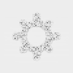 Rendering white sun icon made up of many square uneven blocks.
