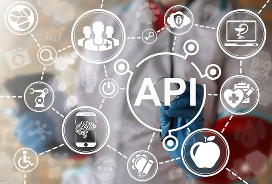 API healthcare medicine iot integration web computer concept. Doctor touched application programming interface acronym word icon on virtual screen. Health care smart robotic internet technology