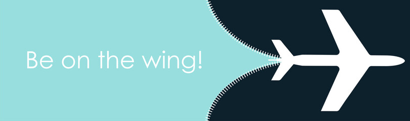 White silhouette of airplane opening zip, travel concept with copy space