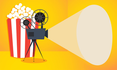 Retro cinema icon with popcorn on yellow background. Vector illustration with copy space