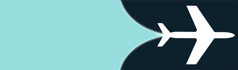 White silhouette of airplane opening zip, travel concept with copy space