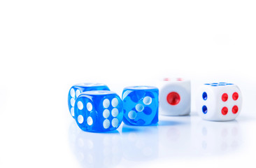 blue and white dices on light background