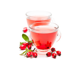 Fresh  tea with rosehip isolated on white