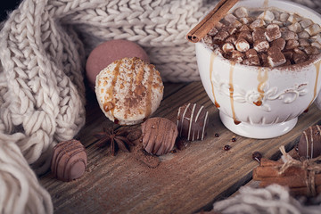 Christmas or New Year composition with hot chocolate or cocoa an