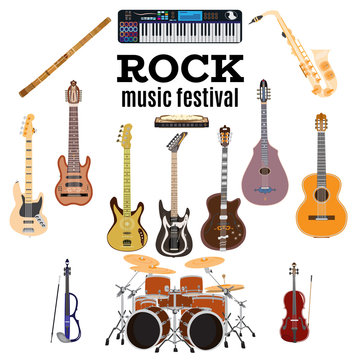 Vector set of rock music instruments, flat design