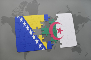 puzzle with the national flag of bosnia and herzegovina and algeria on a world map