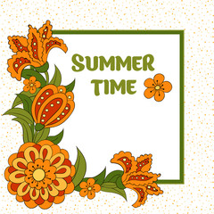Summer postcard, cover, bright background for inscriptions. Summer. Pattern in green and orange tones