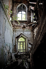 Obraz na płótnie Canvas Ruined interior of an abandoned mansion of Khvostov in gothic style, Lipetsk reg