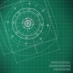 Mechanical engineering drawings. Engineering illustration. Vector background. Green. Grid line