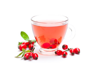 Fresh  tea with rosehip isolated on white