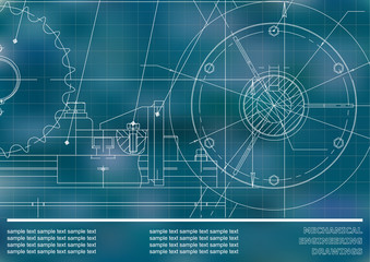 Vector drawing. Mechanical drawings on a blue background. Engineering illustration. Corporate Identity. Grid