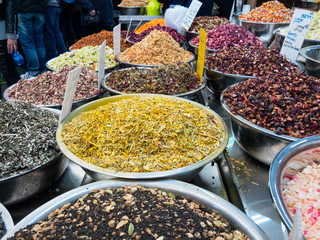 Grains and spices for sale on street market in Jerusalem, Israel