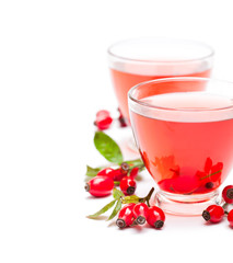 Fresh  tea with rosehip isolated on white