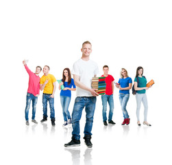 Obraz premium Large group of teenage students isolated on white background. Many different people standing together. School, education, college, university concept.