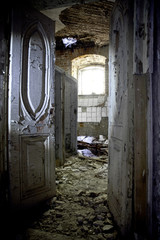 Old rotten door of an abandoned homestead Khvostov, Lipetsk region