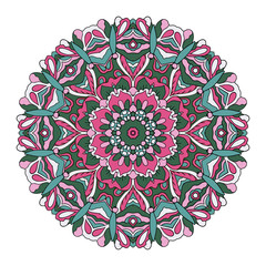 Mandala. Oriental ornament relaxing. Doodle Round figure. Pink and blue