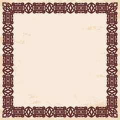 Celtic national ornament frame. Brown drawing on a beige background with aging effect.