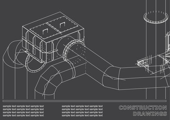 Drawings of steel structures. Pipes. 3d blueprint of steel structures. Cover, background for your design